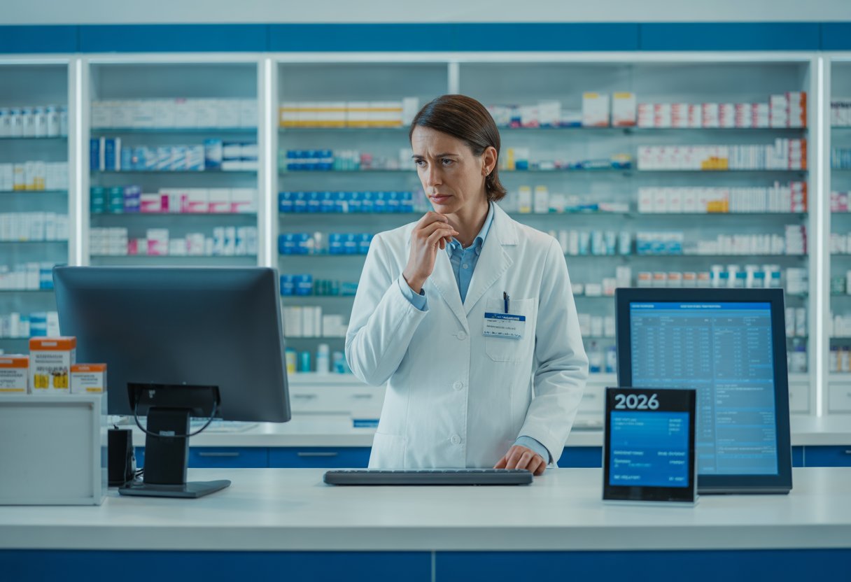 Ein Apotheker steht nachdenklich hinter dem Tresen in einer Apotheke mit leeren Medikamentenregalen.