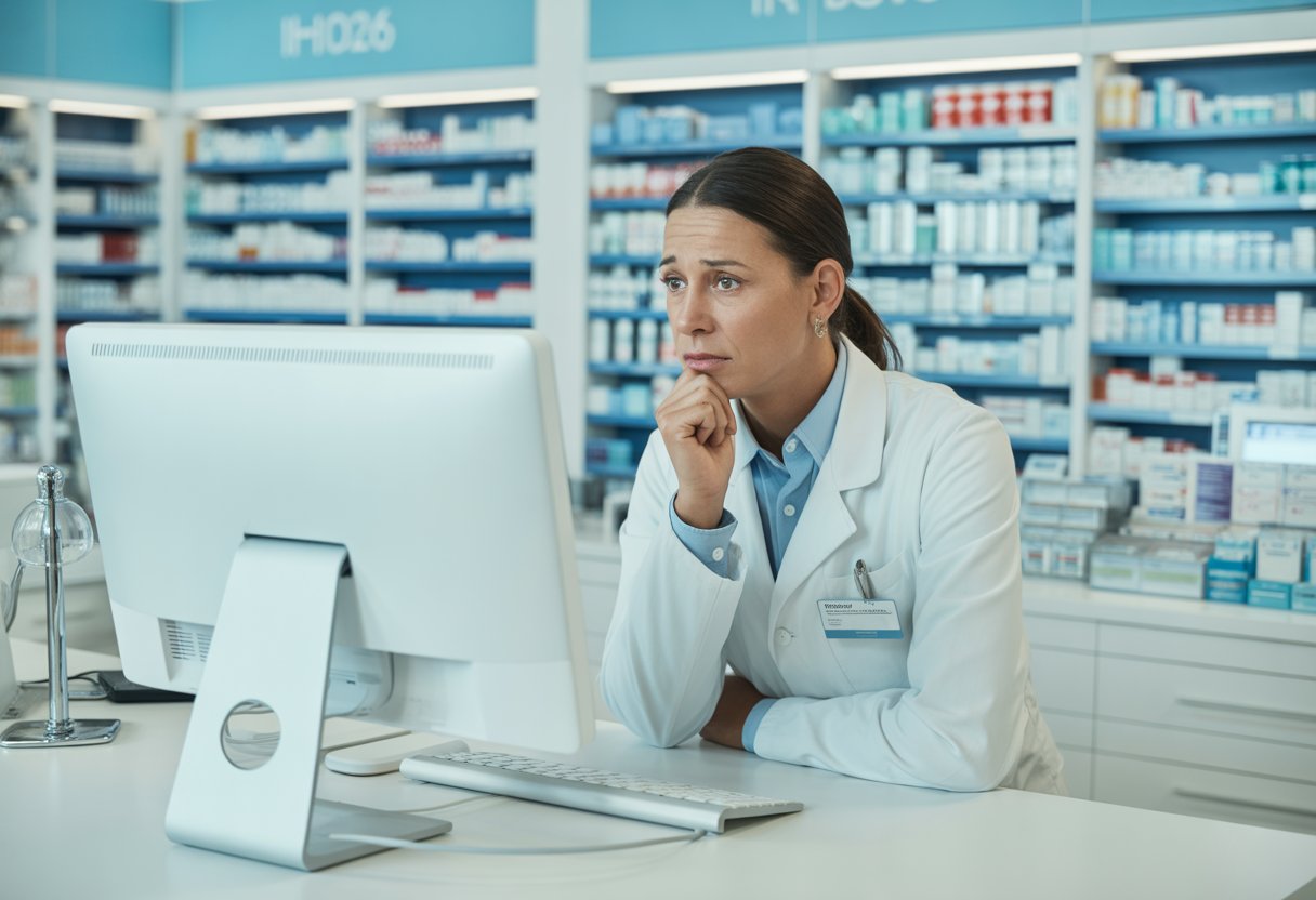 Ein Apotheker steht hinter dem Tresen in einer Apotheke und schaut nachdenklich auf einen Computerbildschirm, während im Hintergrund Regale mit Medikamenten und einigen leeren Stellen zu sehen sind.