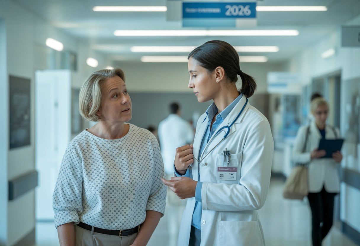 Ein Patient spricht mit einem Arzt in einem modernen Krankenhausflur.