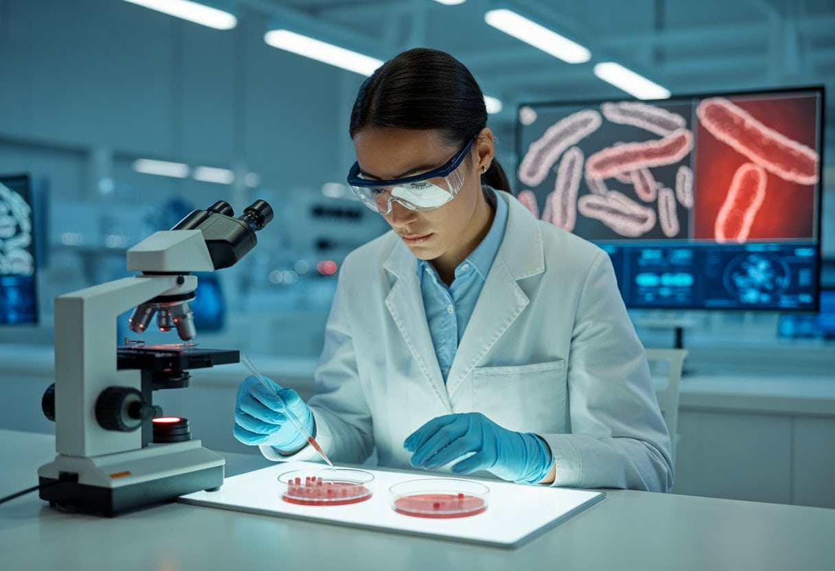Ein Wissenschaftler in einem Labor untersucht Bakterienkulturen unter einem Mikroskop.