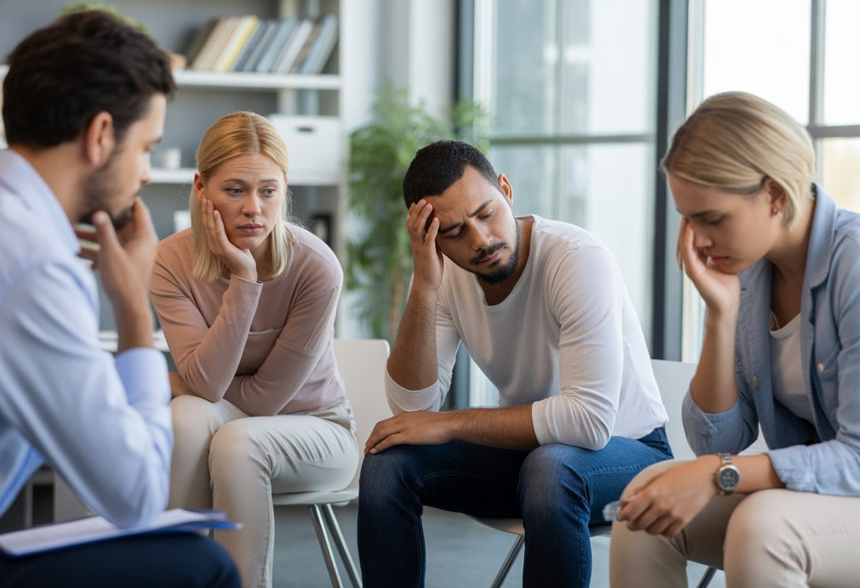 Vier Erwachsene sitzen in einem modernen Büro und führen ein ernstes Gespräch, das ihre psychische Belastung und gegenseitige Unterstützung zeigt.