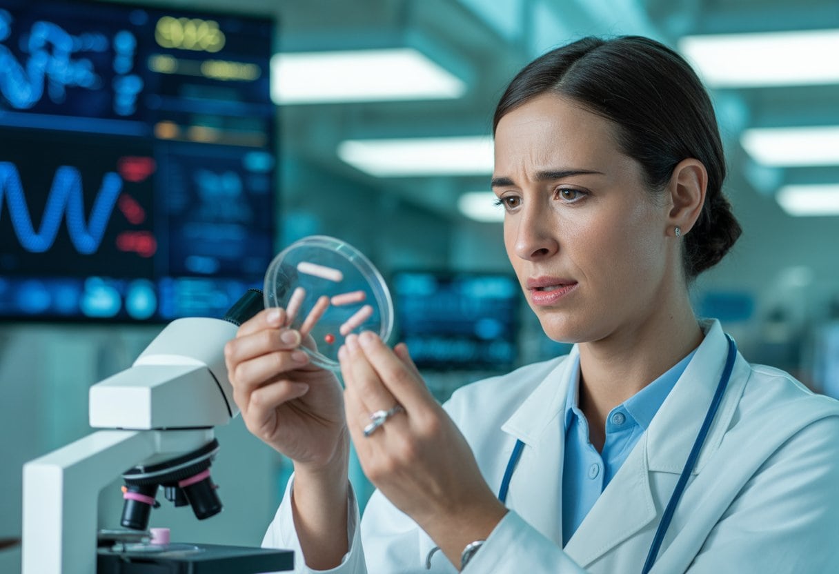 Ein besorgter Arzt in einem modernen Krankenhaus untersucht eine Probe im Labor, umgeben von medizinischer Ausrüstung.