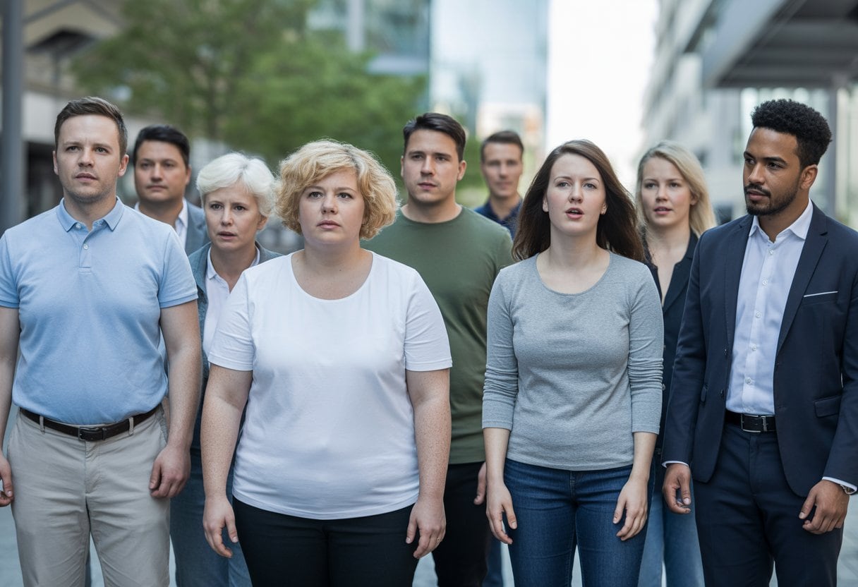 Eine Gruppe von Erwachsenen unterschiedlicher Herkunft und Alters in einer deutschen Stadt, einige sichtbar übergewichtig, die gemeinsam stehen und verschiedene Emotionen zeigen.