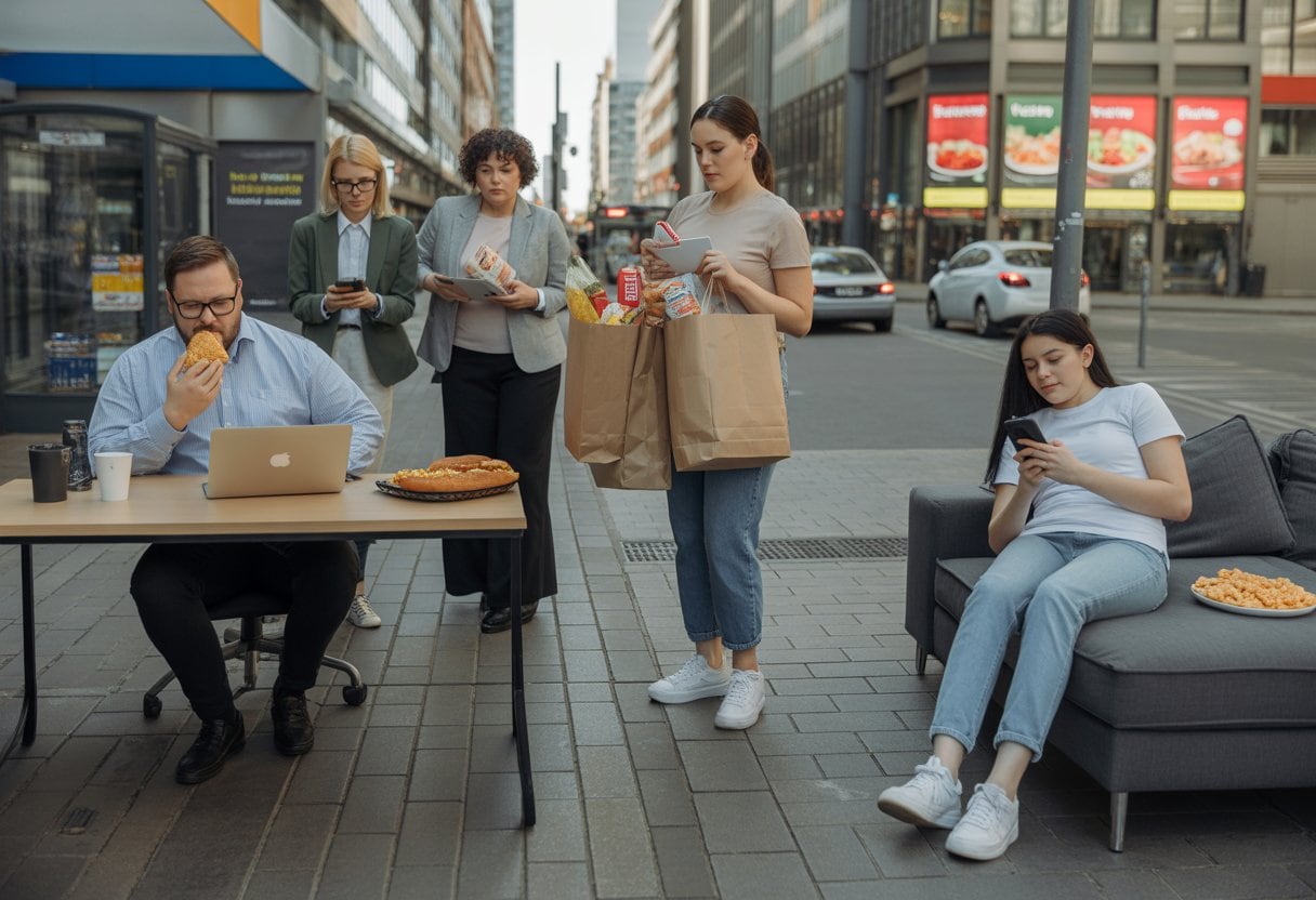 Mehrere Menschen in einer Stadt zeigen Alltagssituationen mit ungesunder Ernährung und wenig Bewegung.