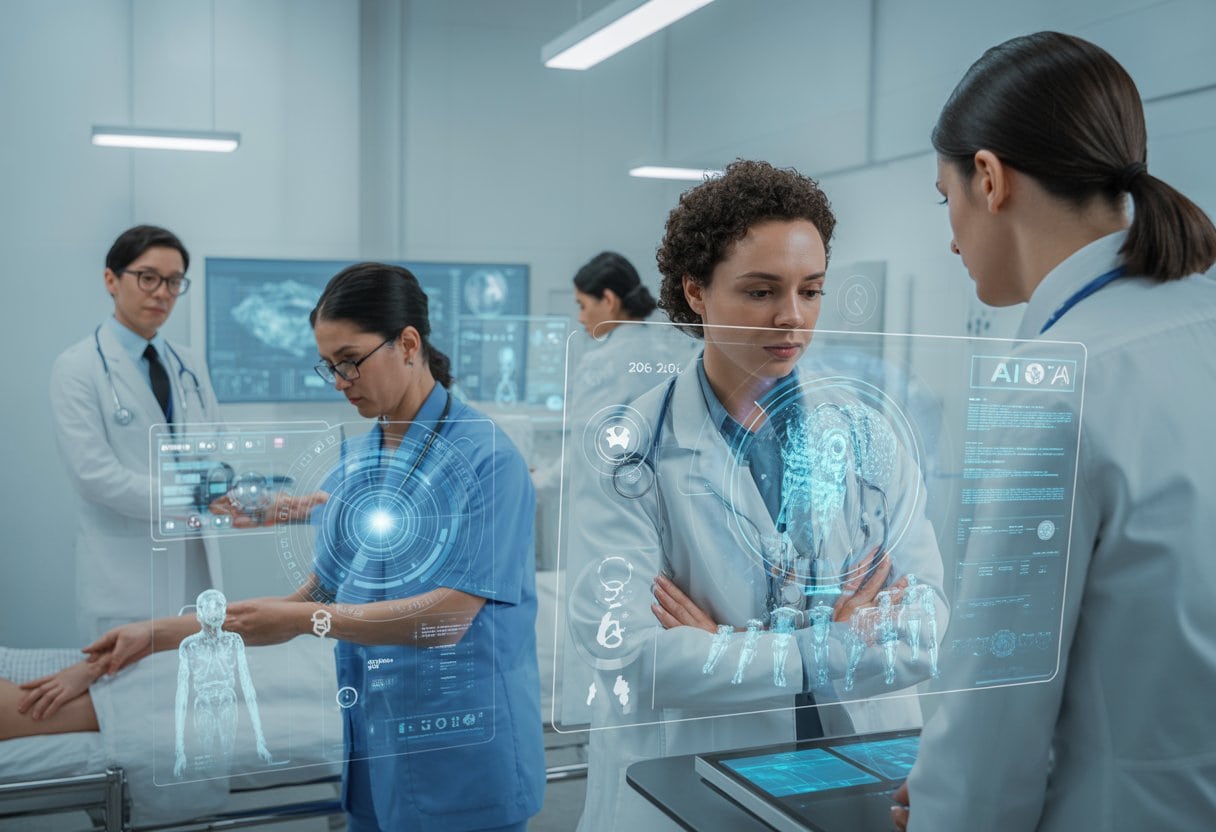 Ärztin untersucht Patientin in einem modernen Krankenhaus mit digitalen Bildschirmen und holografischen medizinischen Daten.