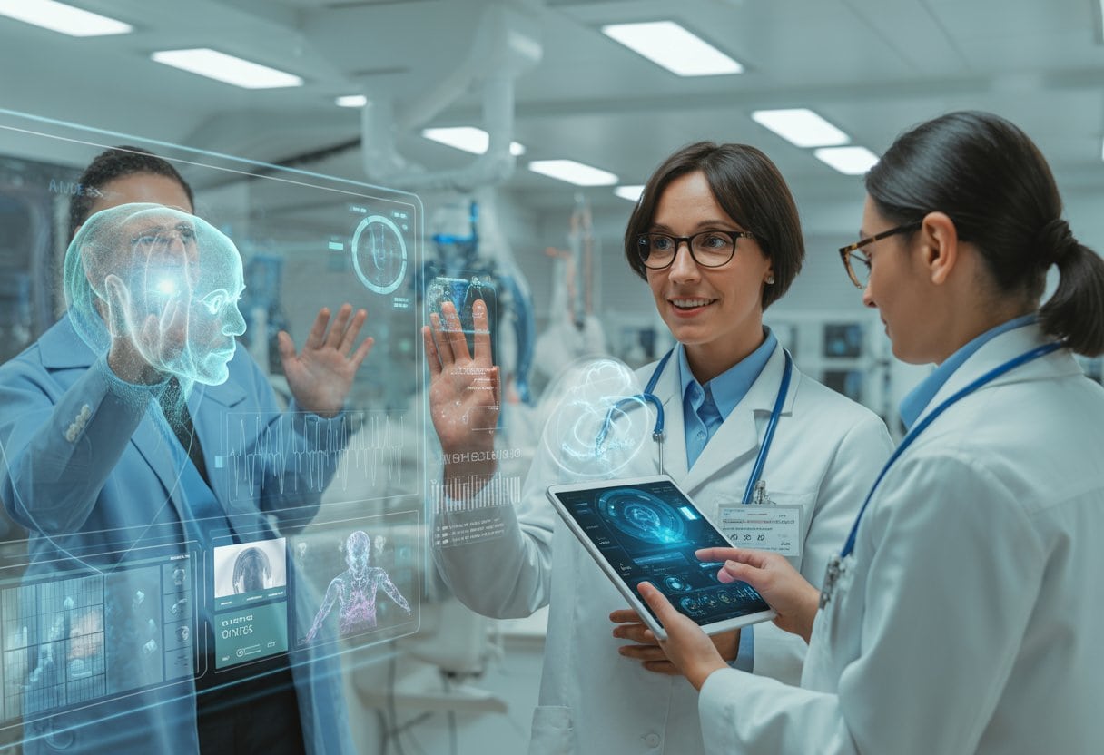 Ärzte und Datenwissenschaftler arbeiten gemeinsam in einem modernen Krankenhaus mit fortschrittlicher KI-Technologie zur Krankheitsdiagnose.