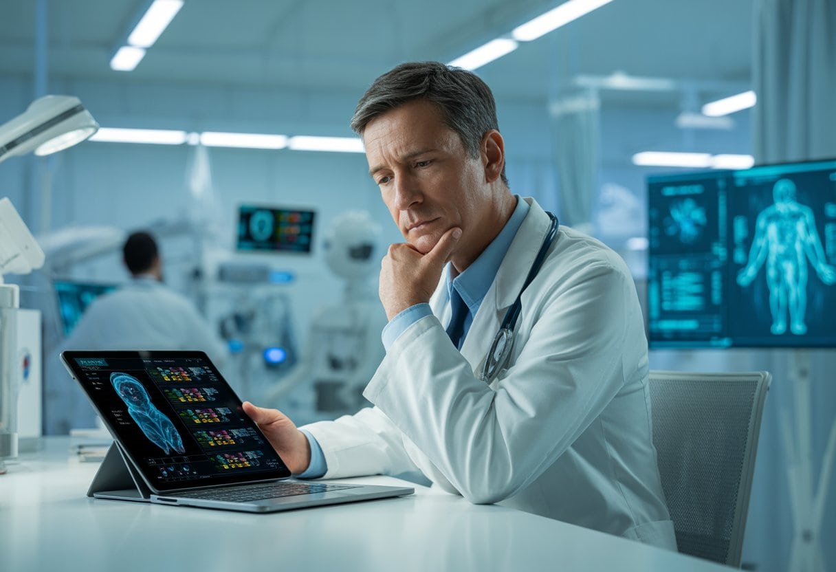 Ein Arzt sitzt an einem Schreibtisch mit einem digitalen Tablet, umgeben von moderner Medizintechnik und holografischen Bildschirmen in einem futuristischen Krankenhaus.