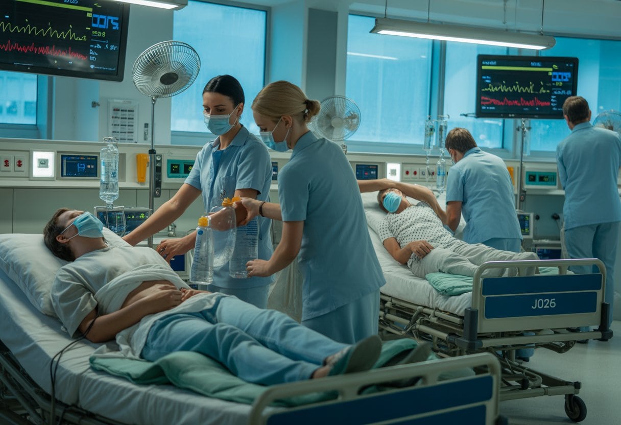 Krankenhaus-Notaufnahme in Deutschland mit medizinischem Personal, das überhitzte Patienten während einer Hitzewelle behandelt.