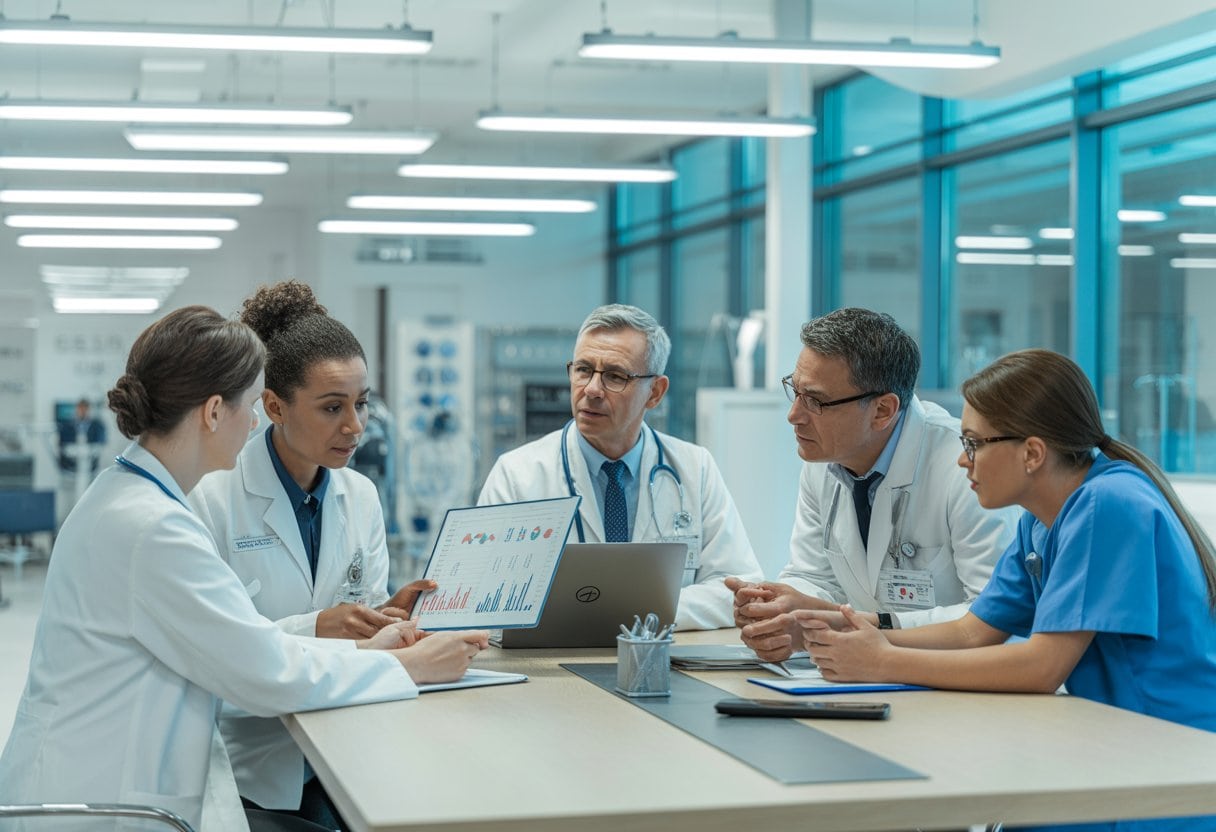 Ärzte und Pflegekräfte besprechen in einem Krankenhauszimmer finanzielle Herausforderungen.
