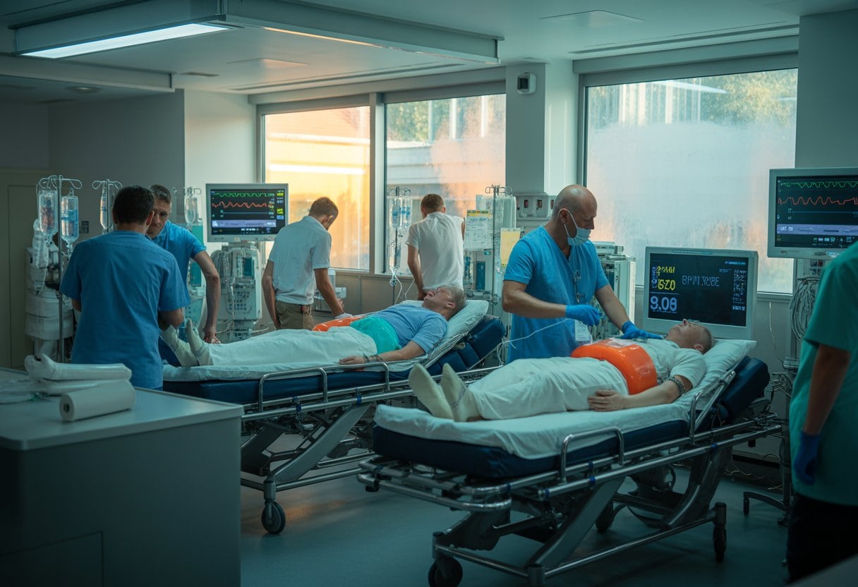 Ein belebter Krankenhaus-Notaufnahmebereich mit medizinischem Personal, das Patienten behandelt, die unter extremer Hitze leiden.