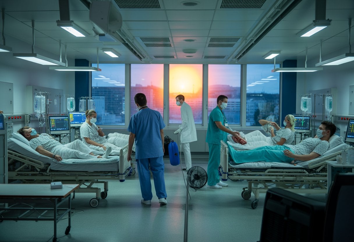 Krankenhaus-Notaufnahme mit medizinischem Personal, das Patienten behandelt, die unter Hitzebelastung leiden.