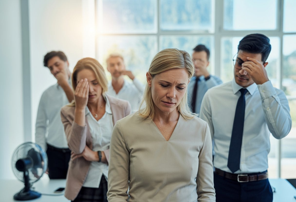 Mehrere Erwachsene in einem modernen Büro wirken durch Hitze leicht erschöpft, eine Frau und ein Mann wischen sich den Schweiß von der Stirn.