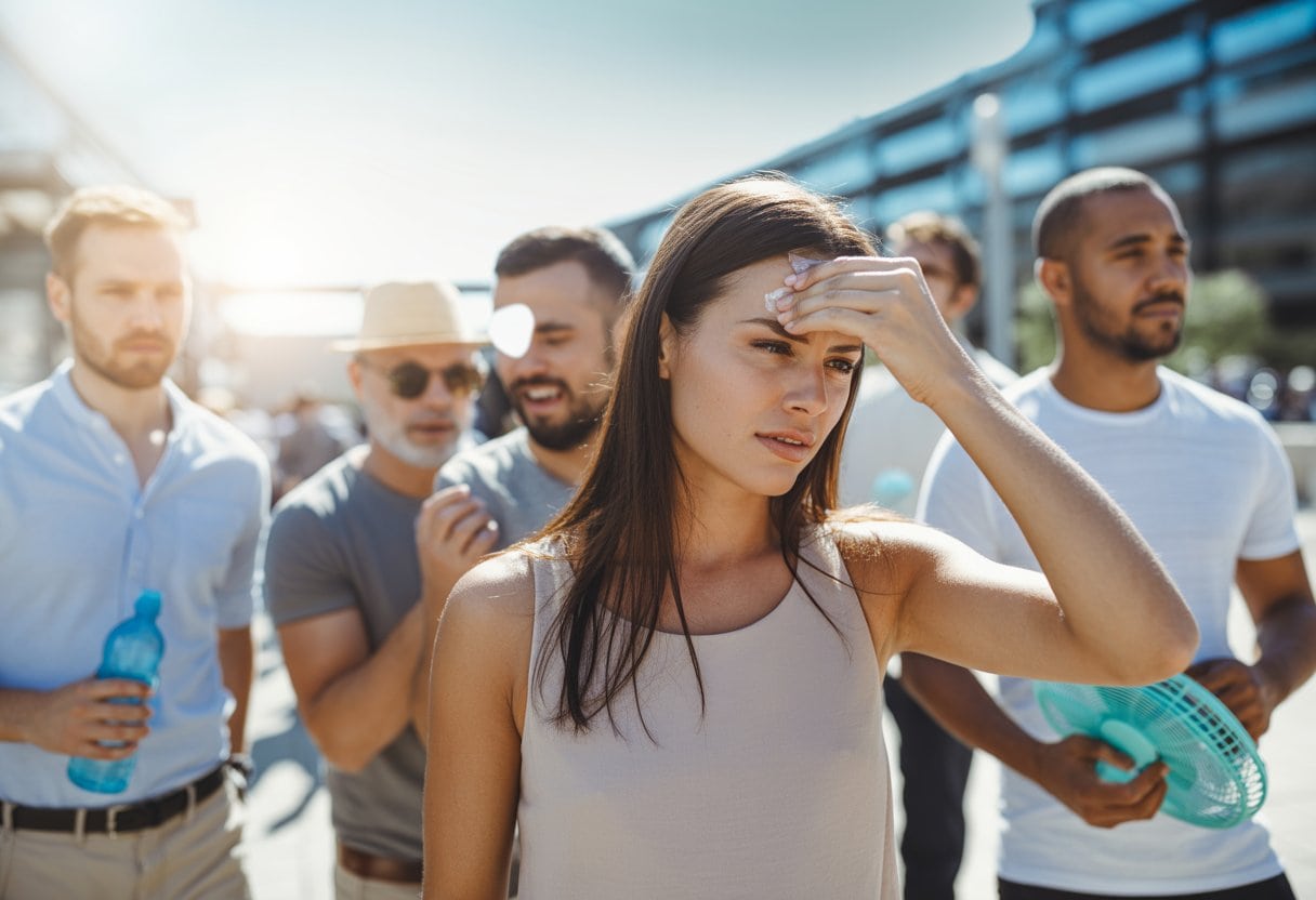 Eine Frau im Freien an einem heißen Sommertag wirkt sichtbar erschöpft und wischt sich Schweiß von der Stirn, während Männer in der Nähe weniger betroffen aussehen.