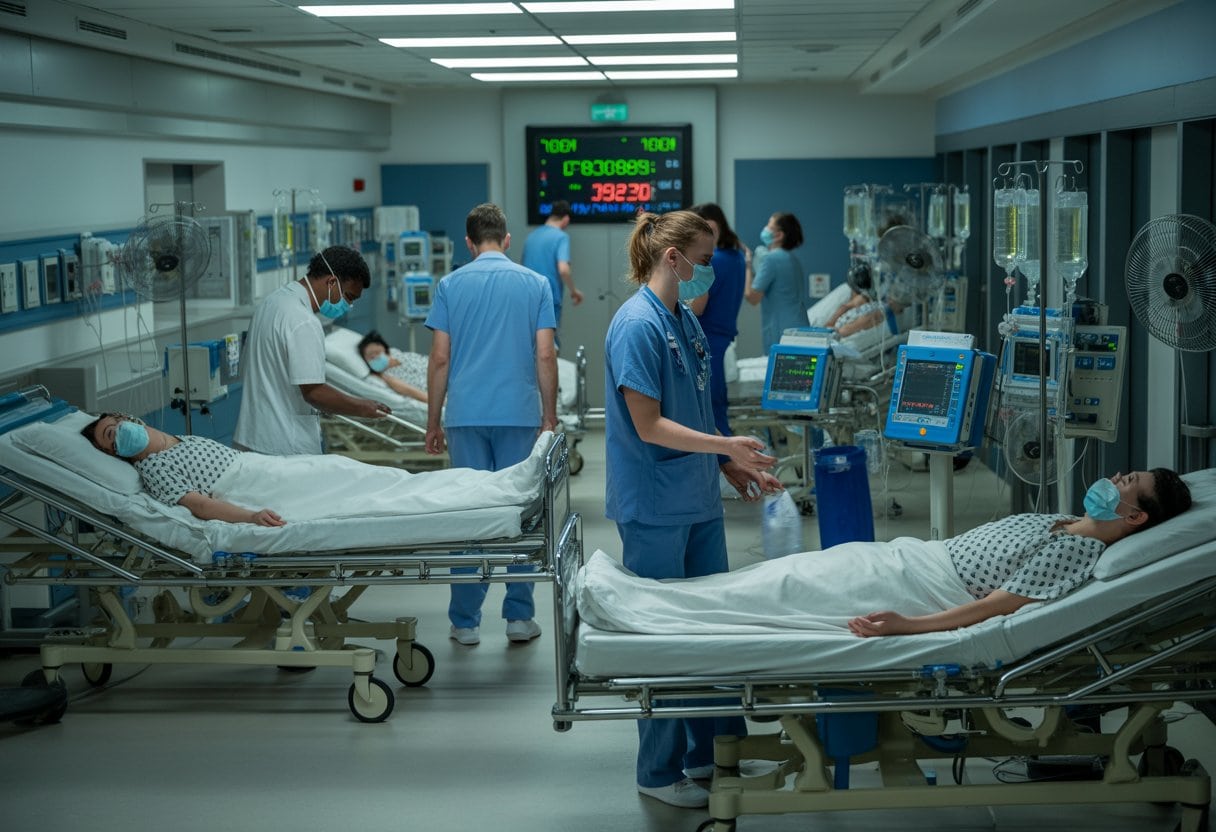 Krankenhaus-Notaufnahme mit medizinischem Personal, das Patienten behandelt, die unter Hitzebedingungen leiden.