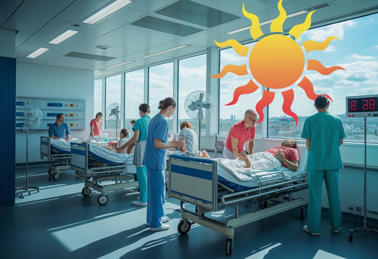 Krankenhauspersonal versorgt Patienten in einem modernen Notfallraum während einer Hitzewelle in Deutschland.