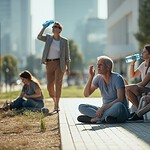 Menschen suchen an einem heißen Sommertag in einer deutschen Stadt Schatten und trinken Wasser.