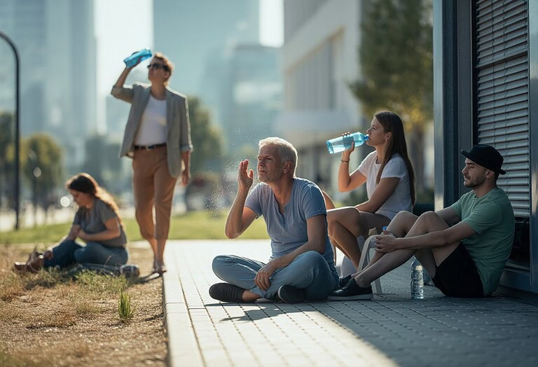 Menschen suchen an einem heißen Sommertag in einer deutschen Stadt Schatten und trinken Wasser.