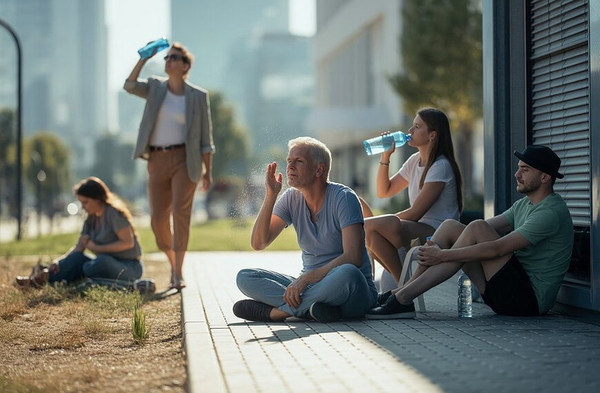 Menschen suchen an einem heißen Sommertag in einer deutschen Stadt Schatten und trinken Wasser.