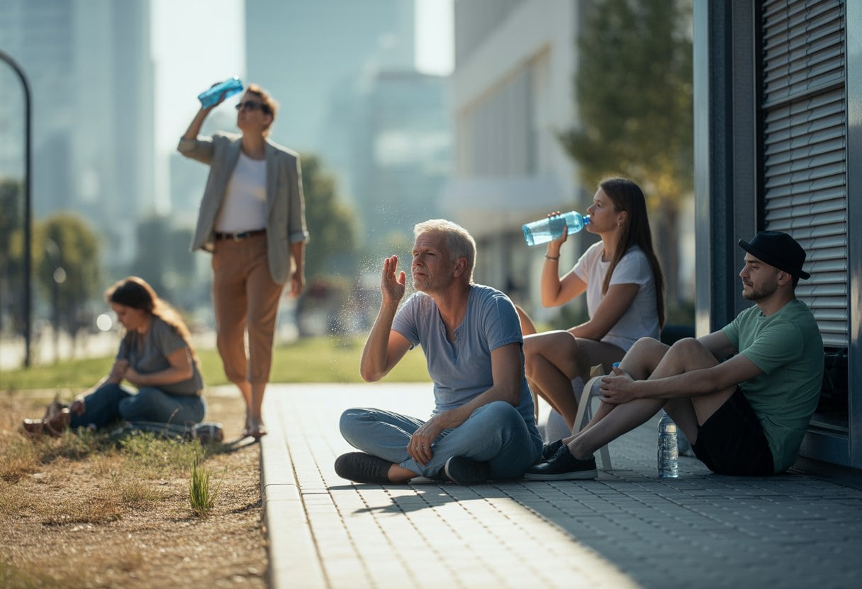 Menschen suchen an einem heißen Sommertag in einer deutschen Stadt Schatten und trinken Wasser.
