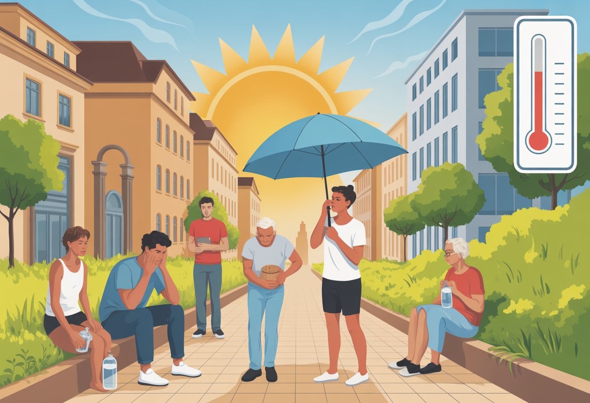 Menschen suchen an einem heißen Sommertag in einer deutschen Stadt Schatten und trinken Wasser, während einige erschöpft wirken.