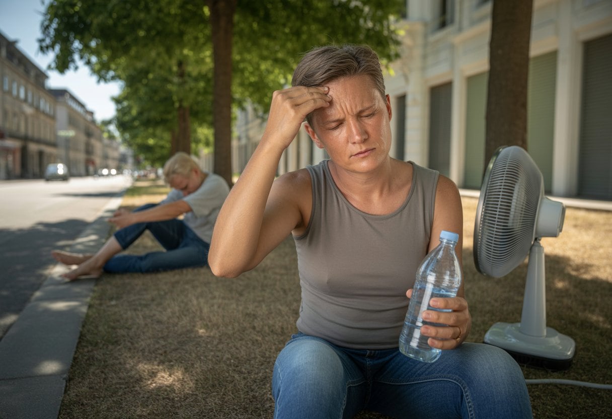 Eine erschöpfte Person sitzt an einem heißen Sommertag im Schatten und trinkt Wasser.