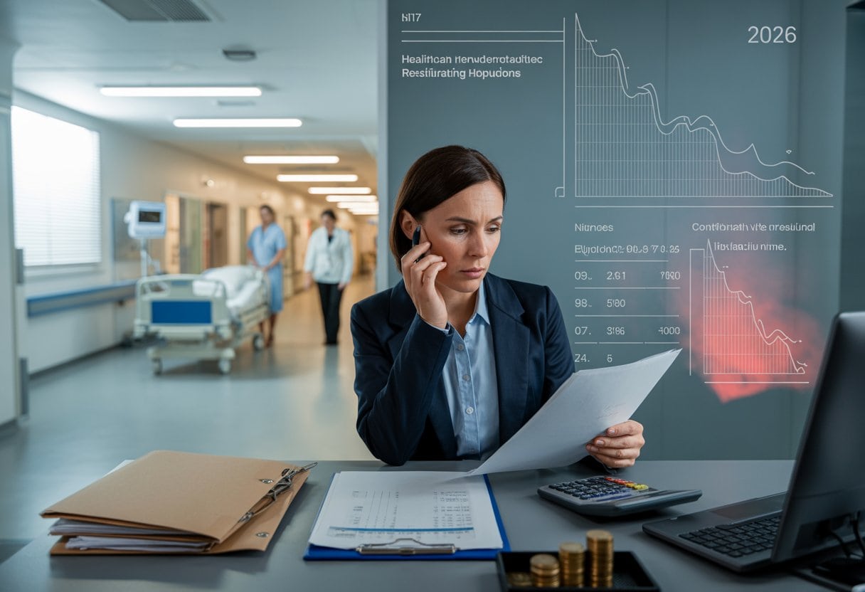 Ein besorgter Krankenhausverwalter prüft Finanzunterlagen in einem deutschen Krankenhaus.