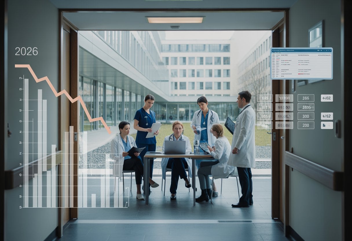 Krankenhausmitarbeitende besprechen Finanzunterlagen in einem modernen Klinikbereich.