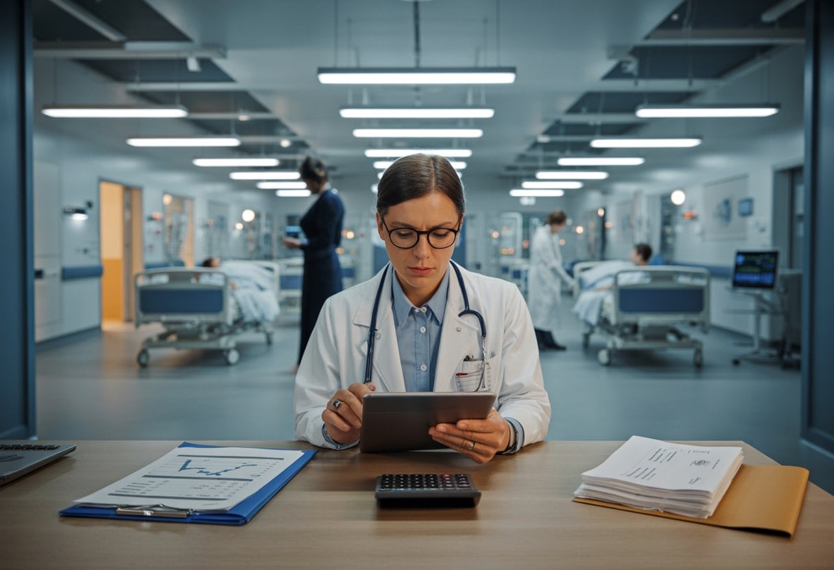 Eine Ärztin und ein Krankenhausverwalter prüfen Finanzunterlagen in einem modernen Krankenhaus, während im Hintergrund der Klinikbetrieb weiterläuft.