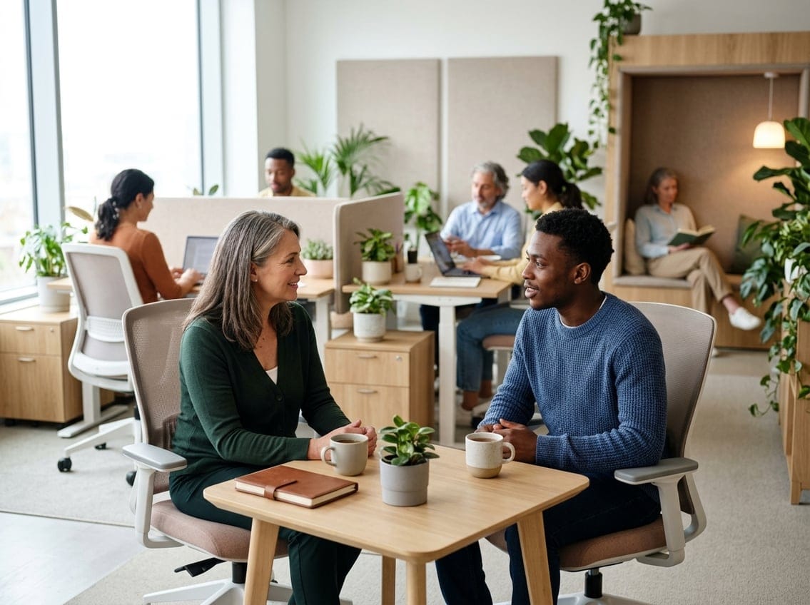 Eine Führungskraft führt in einem hellen Büro ein vertrauensvolles Gespräch mit einer Mitarbeiterin, während das Team im Hintergrund arbeitet.