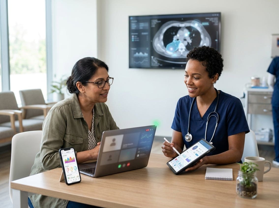Eine Patientin und eine medizinische Fachkraft betrachten gemeinsam digitale Gesundheitsdaten auf Tablet und Laptop.