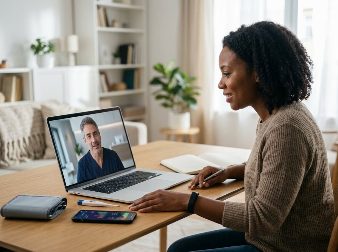 Eine Patientin spricht zu Hause per Laptop mit einer Ärztin und nutzt dabei digitale Gesundheitsgeräte.