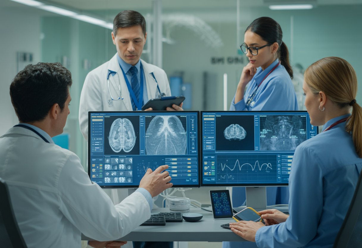 Ein interdisziplinäres Klinikteam analysiert gemeinsam medizinische Scans und Diagnosedaten an modernen Monitoren.