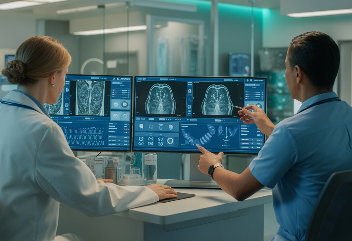 Ärztinnen und Ärzte analysieren gemeinsam medizinische Bilddaten mit Unterstützung eines KI-Systems.