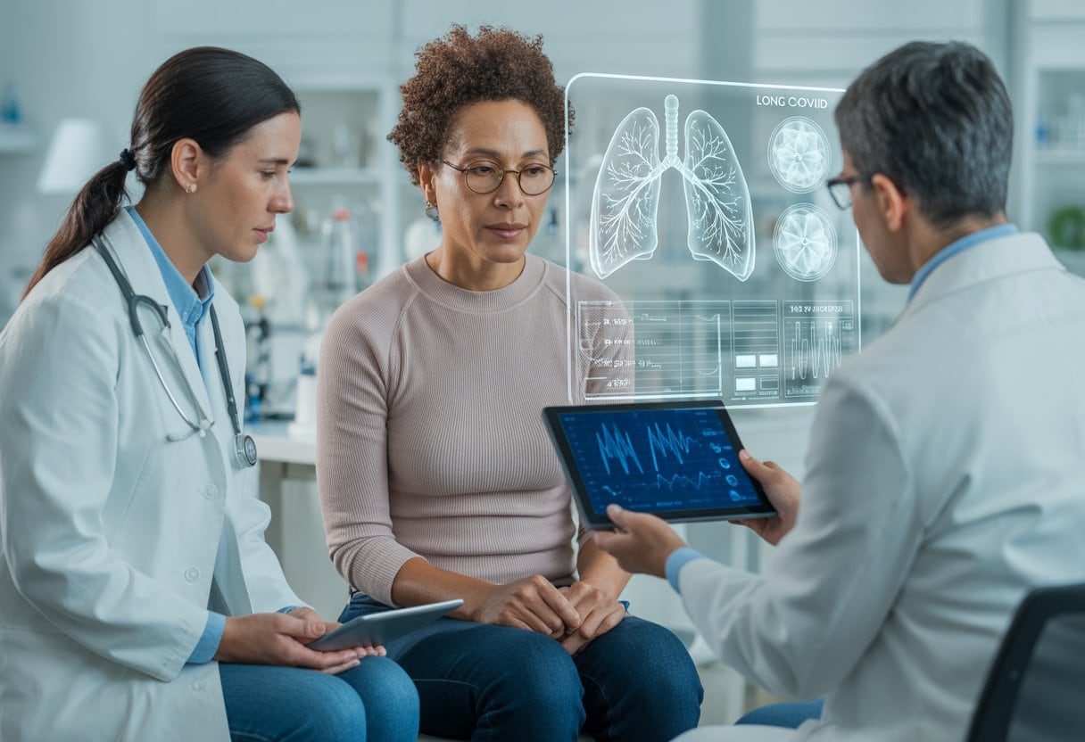 Eine Ärztin bespricht mit einer Patientin und einem Forscher Gesundheitsdaten in einer modernen medizinischen Umgebung.