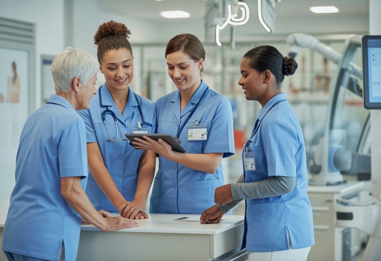 Ein vielfältiges Pflegeteam arbeitet gemeinsam auf einer modernen Krankenhausstation und unterstützt einen älteren Patienten.