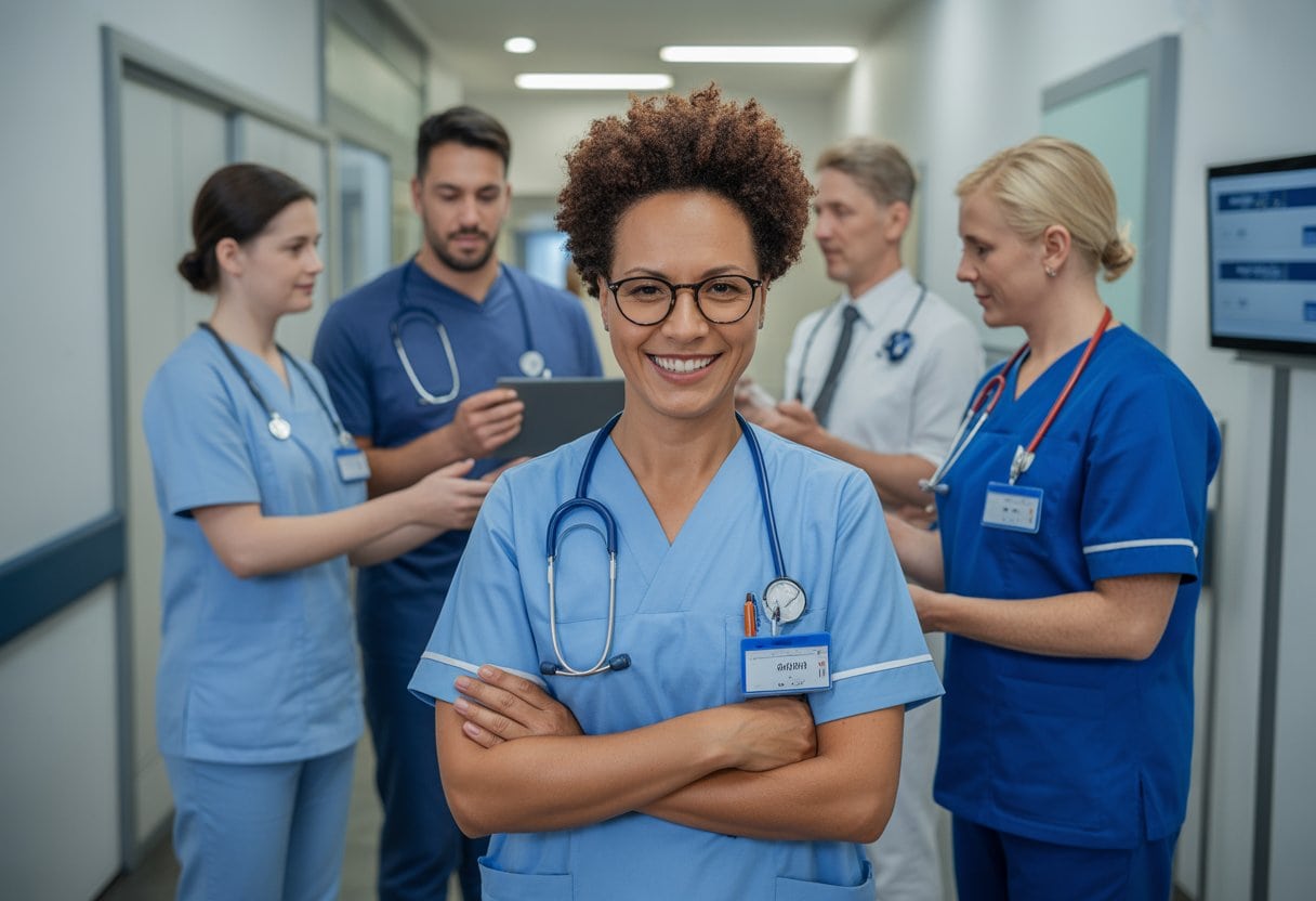 Ein vielfältiges Pflegeteam arbeitet gemeinsam auf einer modernen Krankenhausstation.